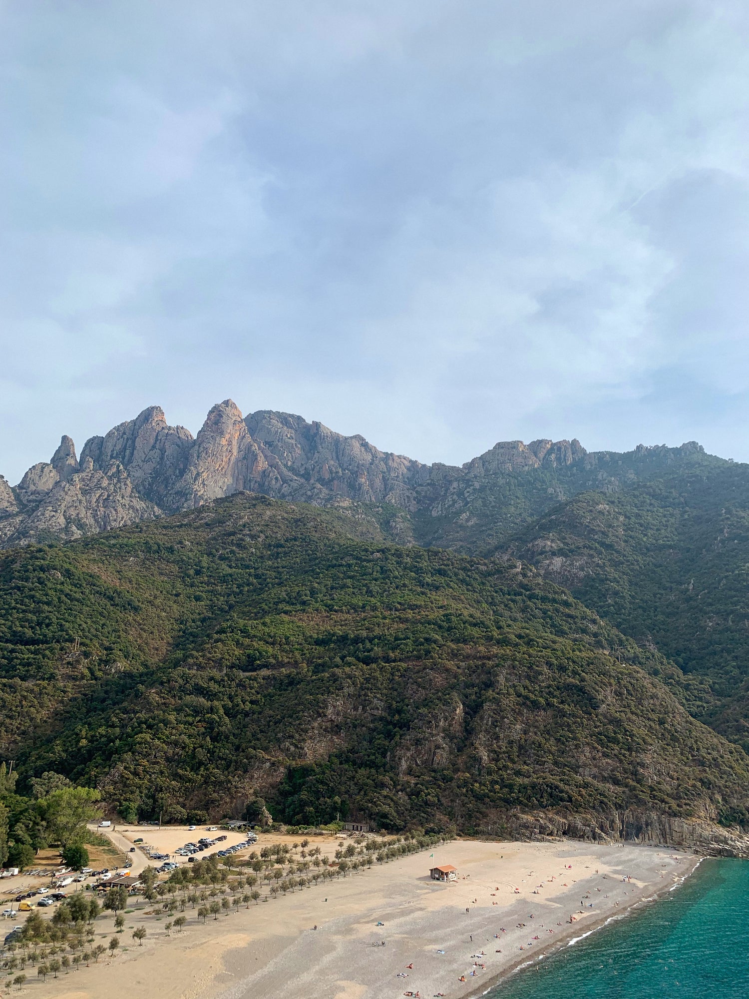 Magnifique photo de la plage de Porto en corse, montrant la montagne et le maquis dominant une immense plage et la mer turquoise.