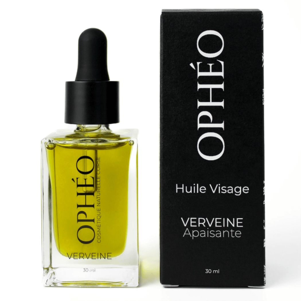 Flacon d'huile visage verveine apaisante OPHÉO avec emballage élégant noir et blanc, huile verveine visage pour peaux sensibles.