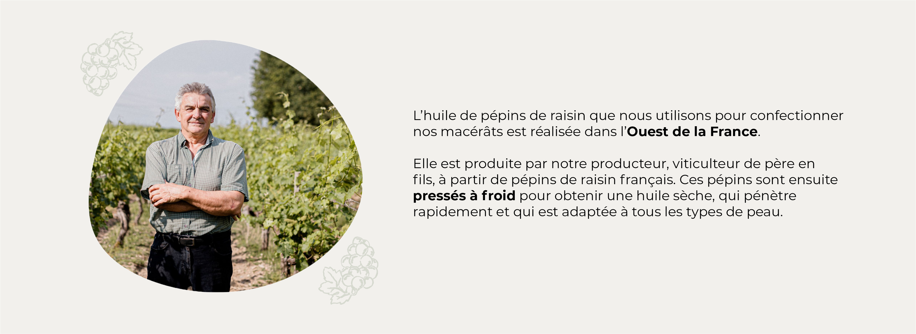 Une photo présentant un producteur français d'huile de pépins de raisin accompagné d'un texte explicatif.