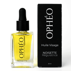 Flacon d'huile visage noisette régulatrice OPHÉO avec emballage élégant noir et blanc, huile noisette visage pour peaux mixtes à grasses.