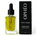 Flacon d'huile visage verveine apaisante OPHÉO avec emballage élégant noir et blanc, huile verveine visage pour peaux sensibles.