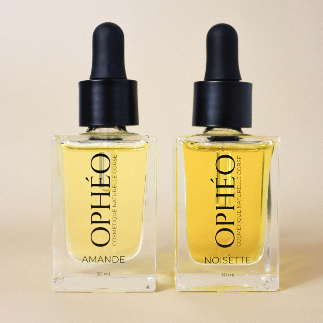 Routine Nutrition de la marque OPHÉO composée de deux produits : une Huile Visage - Amande Nourrissante et une Huile Visage - Noisette Régulatrice