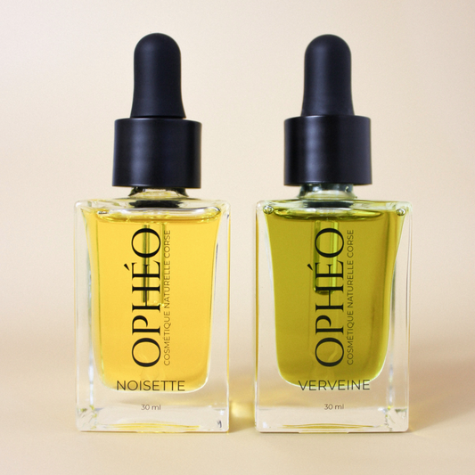 Routine Peau Parfaite de la marque OPHÉO composée de deux produits : une Huile Visage - Noisette Régulatrice et une Huile Visage - Verveine Apaisante